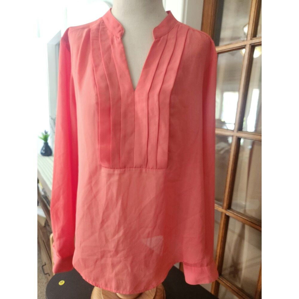 ECI NEW YORK Large coral pink blouse pleated lightweight career top